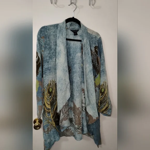 Citron Santa Monica 100% Silk Feather Print Open Front Kimono Cardigan Sz Small - Picture 1 of 12